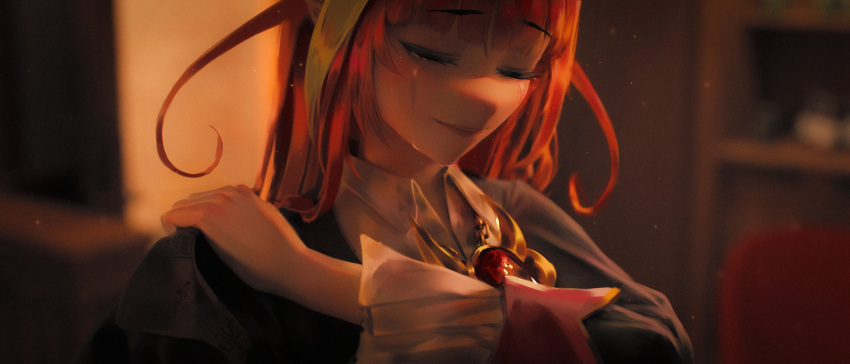 1girl absurdres bangs blonde_hair blunt_bangs blurry blurry_background brooch chain_necklace chair chmyxo closed_eyes doorway dressing english_commentary highres hololive indoors jacket jewelry kiryu_coco long_sleeves orange_hair portrait ryuu_ga_gotoku shelf shirt solo tears virtual_youtuber white_shirt wing_collar wrist_cuffs