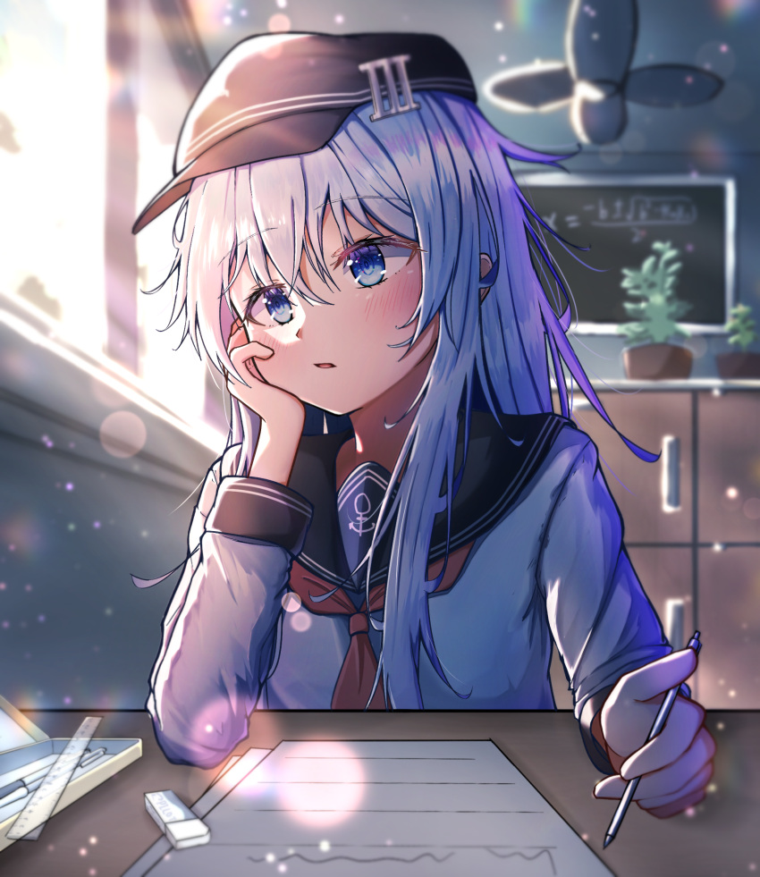 1girl absurdres anchor_symbol black_sailor_collar blue_eyes chalkboard classroom derivative_work desk dfd english_commentary eraser eyebrows_visible_through_hair flat_cap hat hibiki_(kancolle) highres holding_pen indoors kantai_collection long_hair looking_to_the_side neckerchief paper pen red_neckwear ruler sailor_collar school_desk school_uniform serafuku silver_hair solo window