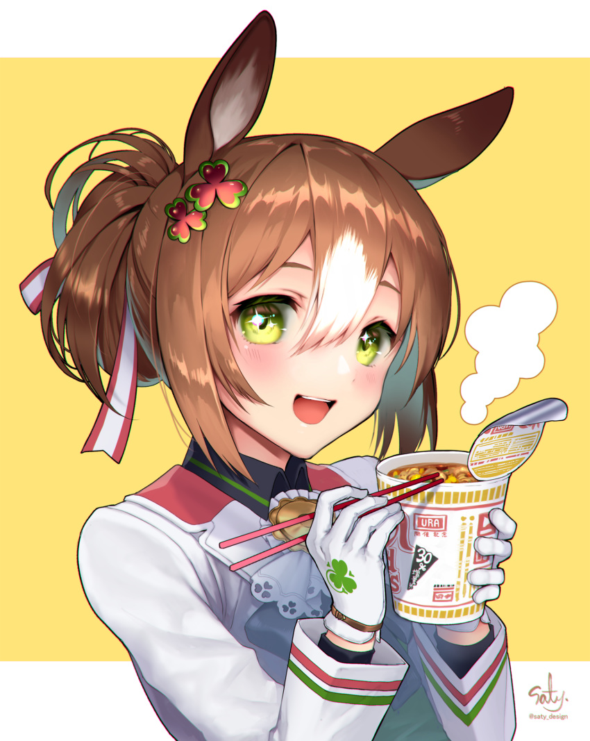 1girl animal_ears artist_name brown_hair chopsticks commentary_request fine_motion_(umamusume) folded_ponytail gloves green_eyes hair_between_eyes hair_ornament highres horse_ears looking_at_viewer open_mouth portrait ramen simple_background solo umamusume white_gloves yukimichi_(nieko)