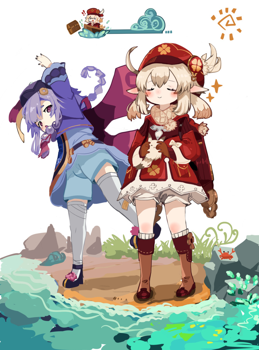 &gt;_&lt; 2girls :d absurdres amulet arm_up backpack bag beach bead_necklace beads black_footwear bloomers boat boots brown_footwear brown_gloves brown_scarf cabbie_hat cape carrying chibi closed_eyes clover_print coat coin_hair_ornament cone crab dodoco_(genshin_impact) full_body gameplay_mechanics genshin_impact gloves hat hat_feather hat_ornament highres holding imagining jewelry jiangshi jumpy_dumpty klee_(genshin_impact) knee_boots kneehighs light_brown_hair long_sleeves low_twintails mary_janes multiple_girls necklace ofuda open_mouth parted_lips pocket pointy_ears purple_hair qing_guanmao qiqi_(genshin_impact) randoseru red_coat red_headwear riding ryu_(17569823) scarf shoes smile sparkle standing standing_on_one_leg stretch stuffed_animal stuffed_toy thigh-highs twintails underwear violet_eyes watercraft white_legwear wide_sleeves xd zettai_ryouiki