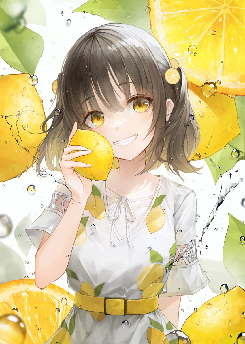 1girl absurdres bangs blush brown_hair crystalherb dress food food-themed_hair_ornament fruit hair_ornament hand_up head_tilt highres holding holding_food holding_fruit lemon looking_at_viewer medium_hair open_mouth original short_sleeves smile solo twintails water_drop white_dress yellow_eyes