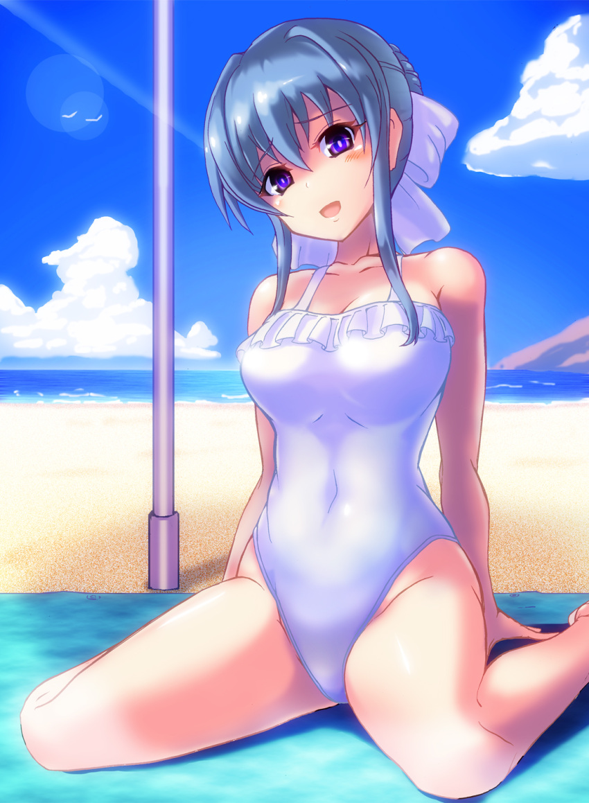 1girl beach blue_eyes blue_sky breasts casual_one-piece_swimsuit clouds commentary_request commission covered_navel day grey_hair hair_bun highres horizon kiyukisuke long_hair looking_at_viewer medium_breasts one-piece_swimsuit outdoors pole sitting skeb_commission sky solo strawberry_panic! suzumi_tamao swimsuit wariza white_swimsuit