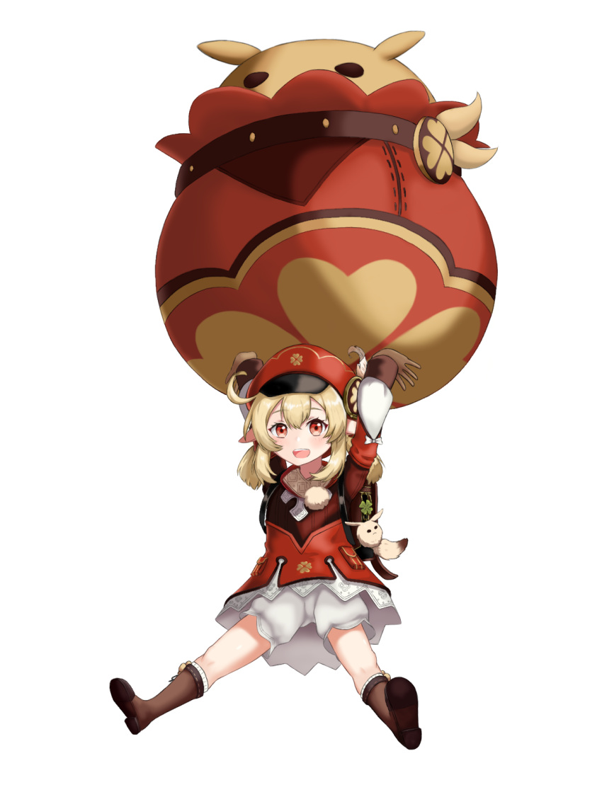 1girl :d ahoge arms_up backpack bag bag_charm bangs bloomers boots brown_footwear brown_gloves brown_scarf cabbie_hat charm_(object) clover_print coat commentary_request crufildz dodoco_(genshin_impact) eyebrows_visible_through_hair full_body genshin_impact gloves hair_between_eyes hat hat_feather hat_ornament highres jumpy_dumpty klee_(genshin_impact) knee_boots kneehighs lifting light_brown_hair long_hair long_sleeves looking_at_viewer low_twintails open_mouth orange_eyes oversized_object pointy_ears randoseru red_coat red_headwear scarf sidelocks simple_background smile solo spread_legs twintails underwear white_background white_bloomers