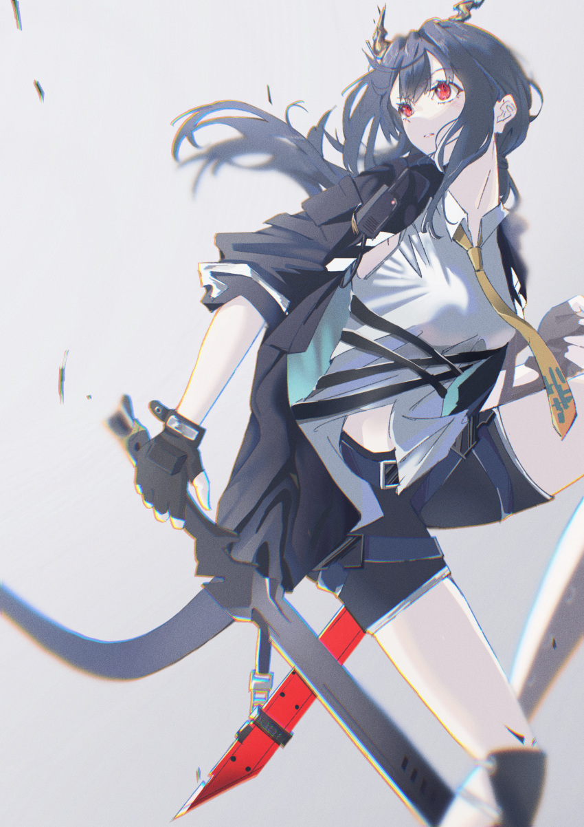 1girl absurdres arknights bangs bare_shoulders belt black_gloves black_shorts blue_belt blue_hair blue_jacket ch'en_(arknights) chi_xiao_(arknights) dragon_horns dragon_tail feet_out_of_frame fingerless_gloves gloves grey_shirt hair_between_eyes highres holding holding_sword holding_weapon horns huge_filesize jacket kogoe_(alphabetgir1s) long_hair looking_away looking_to_the_side navel necktie off_shoulder open_clothes open_jacket parted_lips red_eyes shirt short_shorts shorts simple_background sleeveless sleeveless_shirt solo standing sword tail thighs weapon white_background