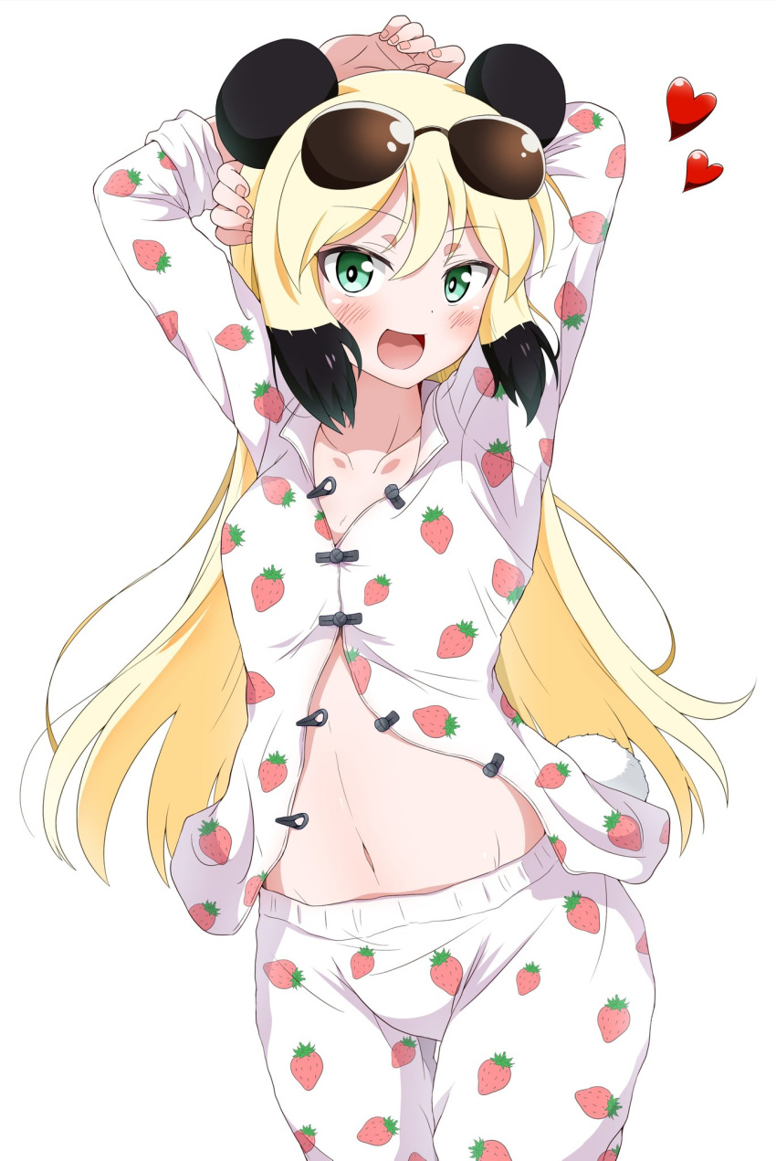 1girl animal_ears arms_behind_head arms_up black_hair blonde_hair blush collarbone dodo_(bird) eggman_(pixiv28975023) eyebrows_visible_through_hair food_print green_eyes heart highres long_hair long_sleeves looking_at_viewer lying mei-mei_(murenase!_shiiton_gakuen) multicolored_hair murenase!_shiiton_gakuen navel on_back open_mouth pajamas panda_ears panda_girl smile solo strawberry_print