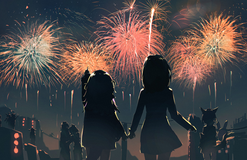 2girls absurdres character_request commentary dino_(dinoartforame) dress fireworks fish_tail gawr_gura hand_up highres hololive hololive_english kiryu_coco lens_flare long_hair mori_calliope multiple_girls night outdoors pointing shark_tail shirt silhouette skirt tail takanashi_kiara usada_pekora watson_amelia