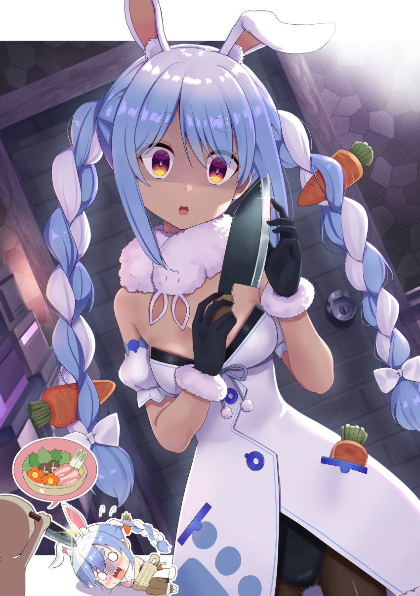 1girl 1other :3 absurdres animal_ear_fluff animal_ears blood blue_hair bound bow bunny-shaped_pupils carrot_hair_ornament don-chan_(usada_pekora) door dorianpanda empty_eyes eyebrows_visible_through_hair food-themed_hair_ornament fur-trimmed_gloves fur_trim gloves hair_bow hair_ornament head_tilt highres hololive kitchen_knife pantyhose rabbit_ears rabbit_girl sparkle spoken_object thick_eyebrows tied_up usada_pekora virtual_youtuber white_gloves white_hair yandere