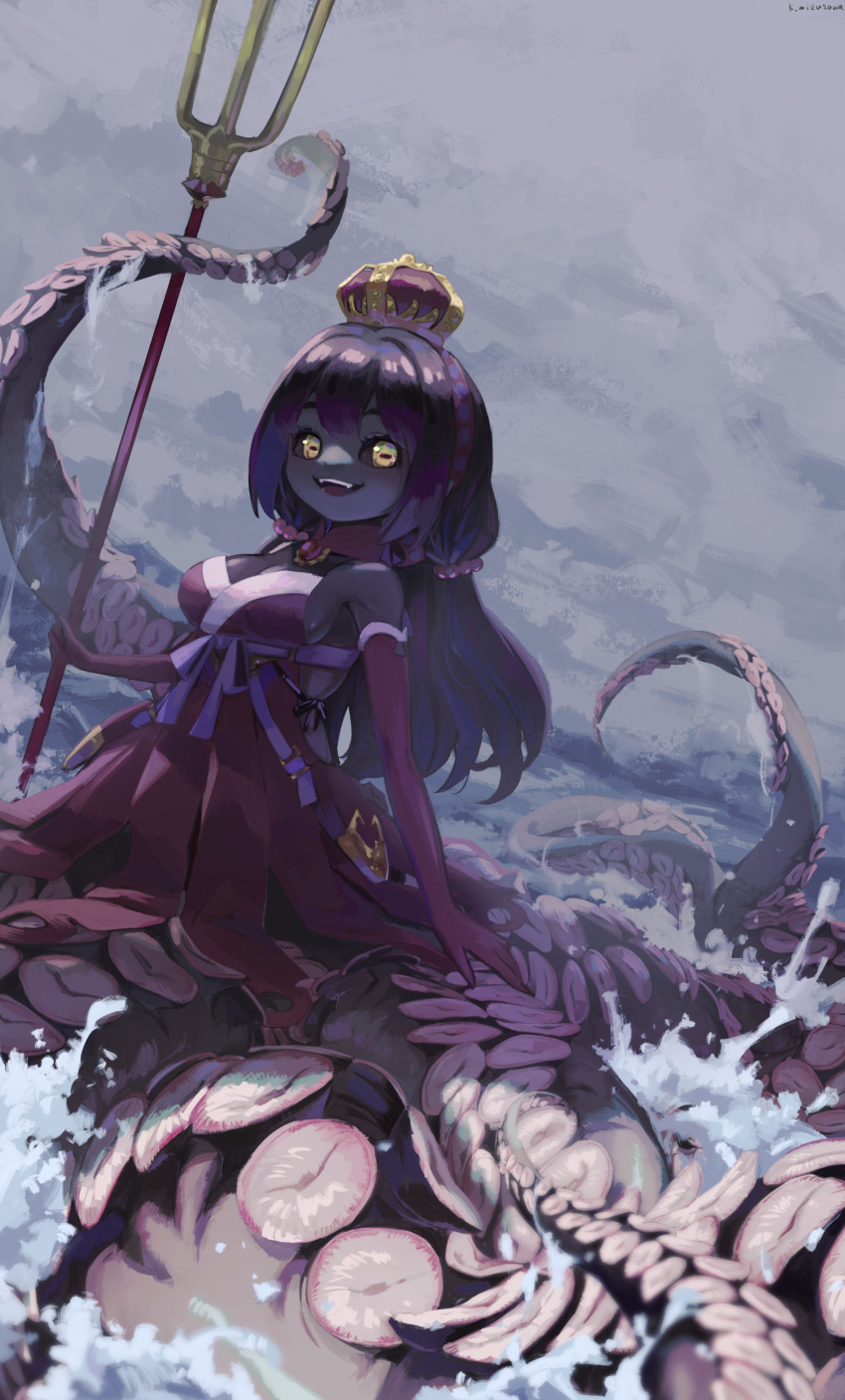 1girl :d absurdres bare_shoulders black_sclera black_skin breasts colored_sclera colored_skin commentary_request crown dress elbow_gloves fangs gem gloves highres horizontal_pupils kyo_mizusawa long_hair monster_girl ocean open_mouth original polearm scylla sky smile suction_cups tentacles trident water weapon yellow_eyes