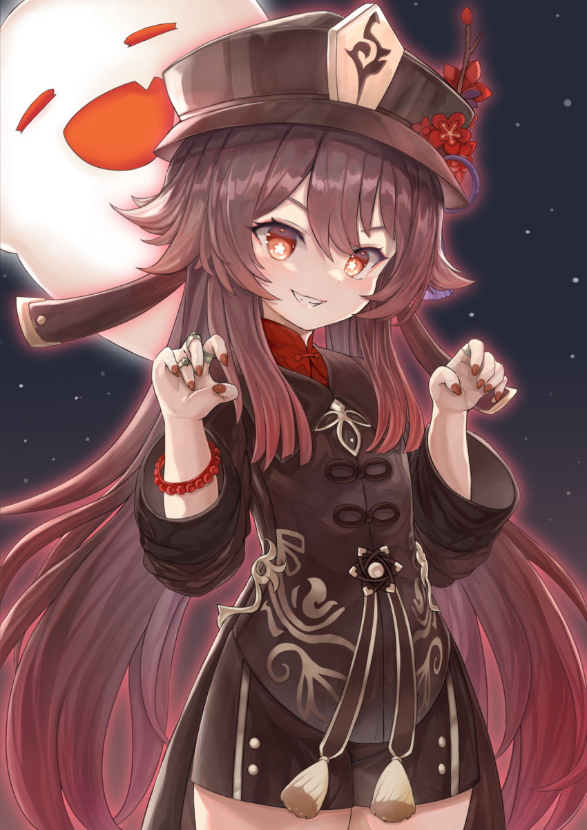 1girl absurdly_long_hair bangs black_hair black_shorts chinese_clothes commentary eyebrows_visible_through_hair flower genshin_impact ghost ghost_pose grin hair_between_eyes hat hat_flower hat_ornament highres hu_tao_(genshin_impact) long_hair long_sleeves looking_at_viewer low_twintails mg42cat-k1ng night night_sky red_eyes shorts sidelocks sky smile star_(sky) starry_sky symbol-shaped_pupils twintails very_long_hair