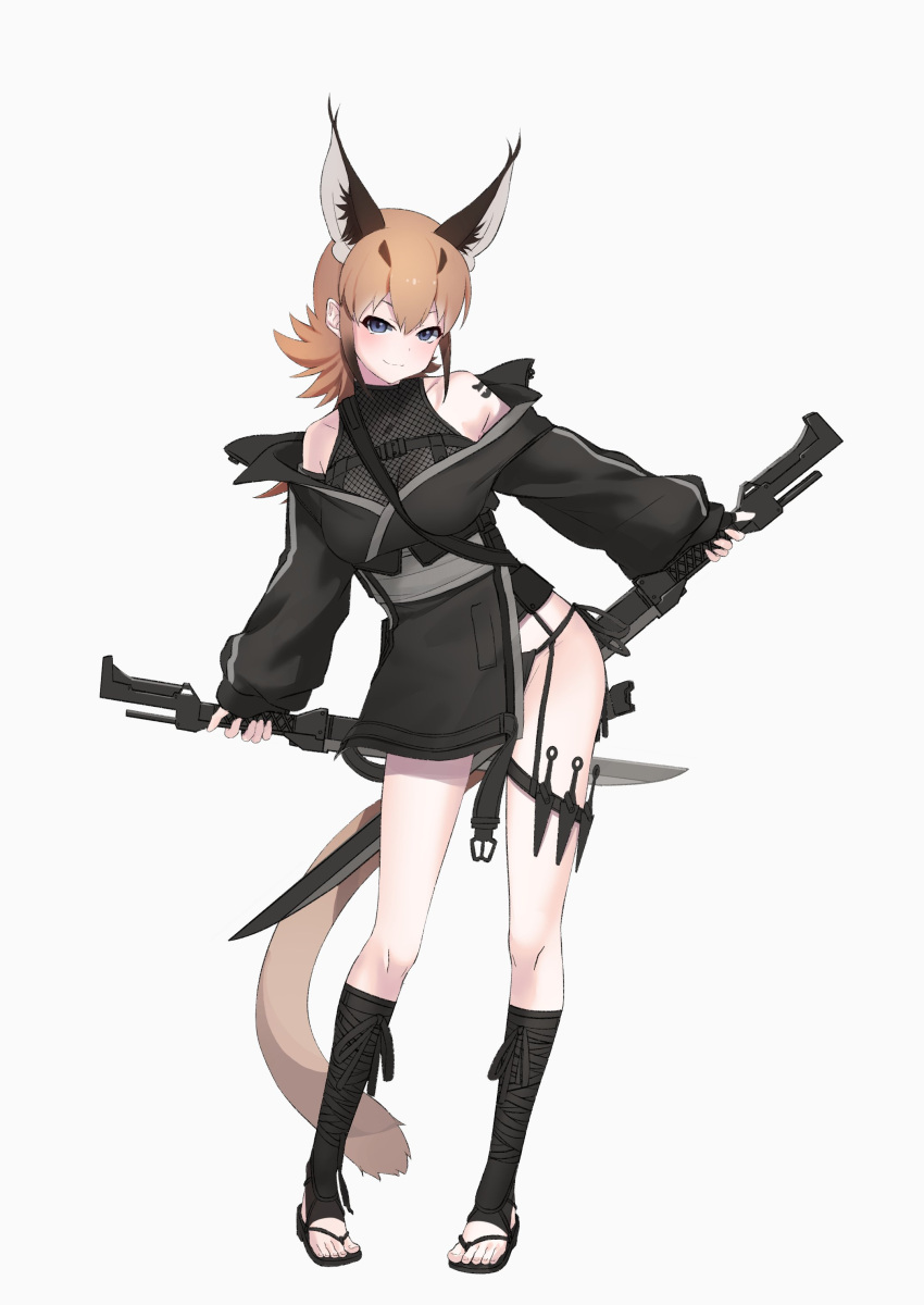 1girl absurdres alternate_costume animal_ear_fluff ankle_wrap bangs bare_shoulders blue_eyes breasts caracal_(kemono_friends) caracal_ears deku_suke dual_wielding extra_ears full_body hair_between_eyes highres holding kemono_friends kunai long_hair long_sleeves looking_at_viewer looking_to_the_side medium_breasts orange_hair pigeon-toed puffy_long_sleeves puffy_sleeves sandals simple_background smile solo standing sword tail thigh_strap toeless_legwear weapon white_background