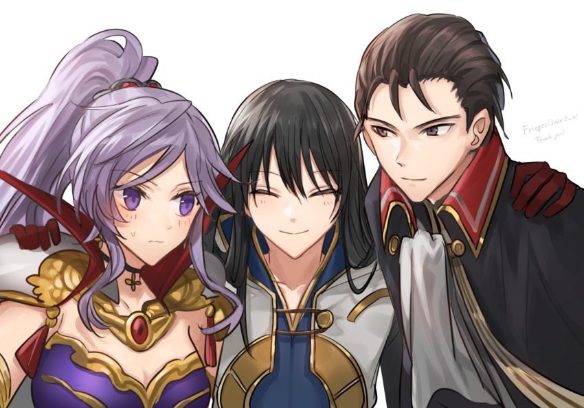 1boy 2girls bangs black_eyes black_hair blush closed_eyes commission commissioner_upload cravat fire_emblem fire_emblem:_genealogy_of_the_holy_war fire_emblem:_thracia_776 fire_emblem_heroes group_hug hair_ornament highres hug ishtar_(fire_emblem) jewelry kiran_(fire_emblem) long_hair looking_at_another looking_to_the_side multiple_girls original purple_hair reinhardt_(fire_emblem) skeb_commission smile violet_eyes voyager_bihai