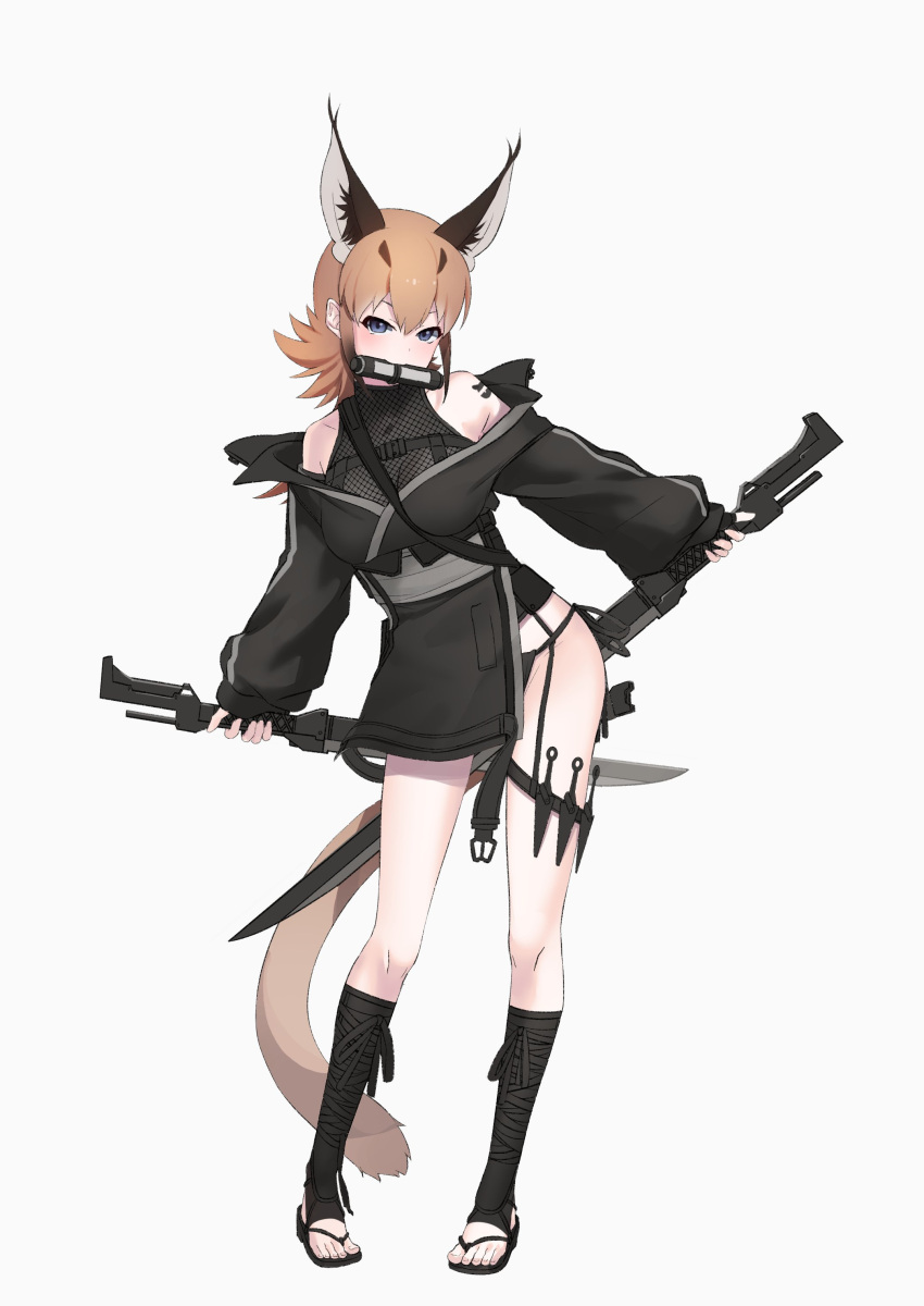 1girl absurdres alternate_costume animal_ear_fluff ankle_wrap bangs bare_shoulders blue_eyes breasts caracal_(kemono_friends) caracal_ears deku_suke dual_wielding extra_ears full_body hair_between_eyes highres holding kemono_friends kunai long_hair long_sleeves looking_at_viewer looking_to_the_side medium_breasts mouth_hold orange_hair pigeon-toed puffy_long_sleeves puffy_sleeves sandals simple_background solo standing sword tail thigh_strap toeless_legwear weapon white_background