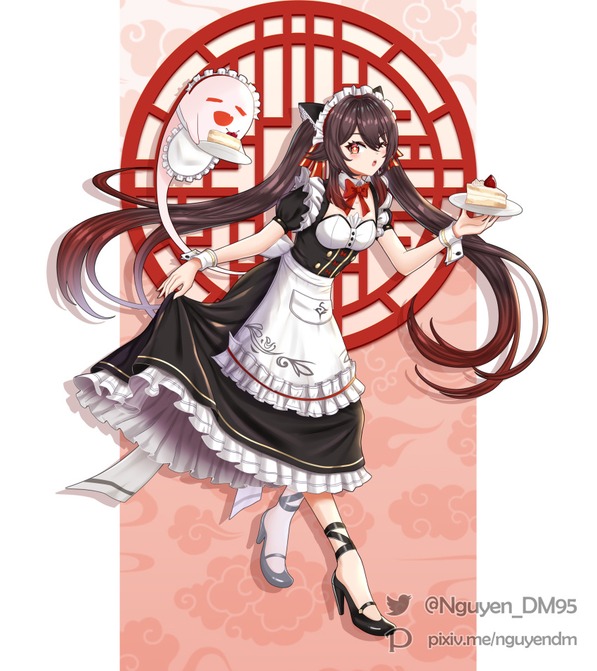 1girl absurdres alternate_costume apron bangs black_footwear black_hair clothes_lift commentary detached_collar dm_(nguyen_dm95) enmaided eyebrows_visible_through_hair food full_body genshin_impact ghost hair_between_eyes high_heels highres holding hu_tao_(genshin_impact) long_hair looking_at_viewer maid maid_apron maid_headdress one_eye_closed orange_eyes parted_lips plate sidelocks skirt skirt_lift strawberry_shortcake symbol-shaped_pupils twintails wrist_cuffs