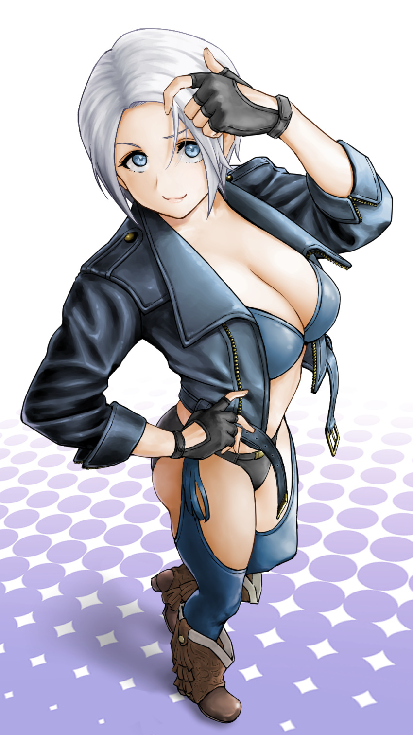 angel_(kof) blue_eyes boots bra breasts chaps cowboy_boots cropped_jacket fighting_game fingerless_gloves gloves highres jacket large_breasts leather leather_jacket looking_up mexican open_clothes open_jacket snk strapless strapless_bra the_king_of_fighters the_king_of_fighters_2001 the_king_of_fighters_xiv toned underwear white_hair x_chitch