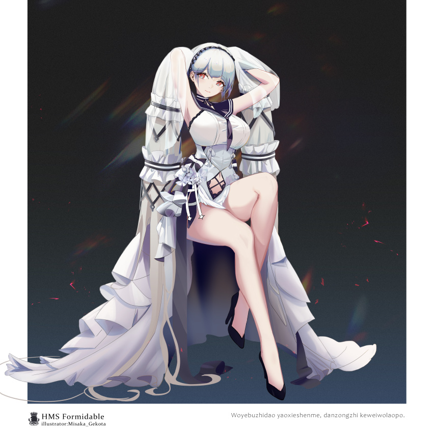 1girl absurdres alternate_costume armpits arms_behind_head azur_lane bare_legs black_footwear black_neckwear black_sailor_collar breasts clothing_cutout dress eyebrows_visible_through_hair formidable_(azur_lane) formidable_(timeless_classics)_(azur_lane) hair_ornament high_heels highres huangmao impossible_clothes impossible_dress large_breasts leg_up legs long_hair navel navel_cutout official_alternate_costume red_eyes sailor_collar see-through silver_hair smile solo thighs twintails veil very_long_hair white_dress