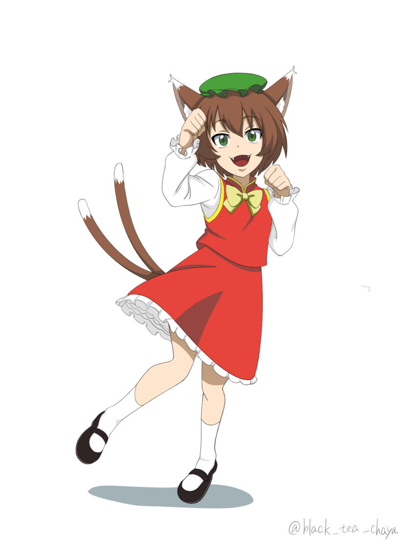 1girl :d alternate_eye_color animal_ears artist_name bangs black_footwear bow bowtie breasts cat_ears cat_tail chen commentary_request eyebrows_visible_through_hair fangs full_body gold_trim green_eyes green_headwear hat highres long_sleeves looking_at_viewer mary_janes mob_cap multiple_tails nekomata ochayasan open_mouth paw_pose petticoat red_skirt red_vest shoes simple_background skirt small_breasts smile solo standing standing_on_one_leg tail touhou two_tails vest white_background white_legwear yellow_bow yellow_neckwear