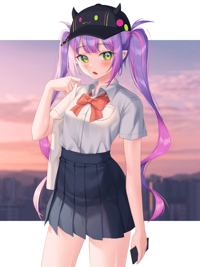 1girl :o absurdres bag bangs baseball_cap bibi_(tokoyami_towa) black_headwear black_skirt blurry blurry_background blush bow bowtie collared_shirt commentary_request cowboy_shot ear_piercing eyebrows_visible_through_hair fang green_eyes hand_up hat highres holding hololive horned_headwear huge_filesize letterboxed long_hair looking_at_viewer multicolored_hair outside_border piercing pink_hair pleated_skirt pointy_ears purple_hair red_bow red_neckwear school_uniform shirt short_sleeves shoulder_bag skirt solo standing tokoyami_towa twintails two-tone_hair very_long_hair virtual_youtuber white_shirt xiho_(suna)