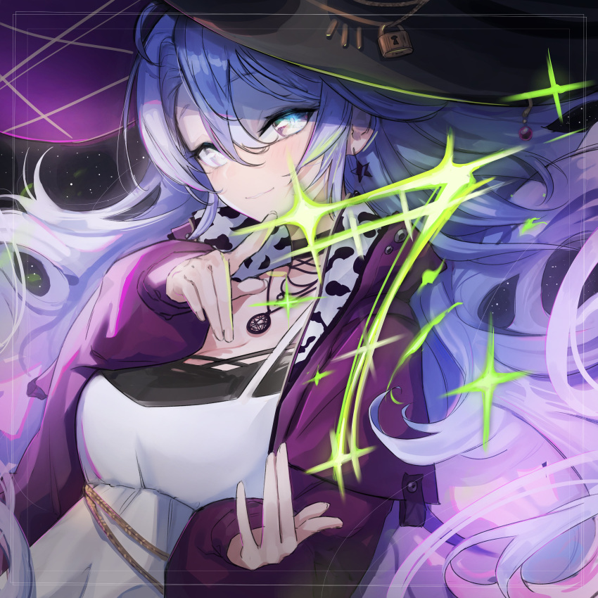 1girl absurdres choker coat dress earrings english_commentary highres jewelry lock long_hair long_sleeves looking_at_viewer magic mins_(minevi) necklace phase_connect purple_hair shisui_michiru_(phase_connect) sky solo star_(sky) star_(symbol) star_earrings starry_sky violet_eyes virtual_youtuber witch