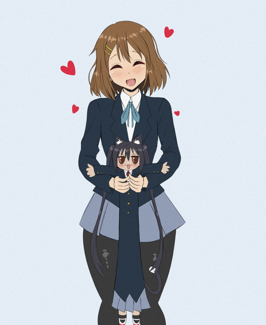 2girls ^_^ ^o^ black_legwear blue_skirt blush brown_hair closed_eyes hair_ornament hairclip heart highres hirasawa_yui k-on! long_sleeves longcat multiple_girls nakano_azusa open_mouth pantyhose pleated_skirt school_uniform skirt smile young_savage