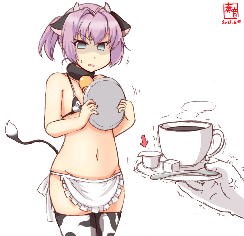 1girl alternate_costume anger_vein animal_ears animal_print apron artist_logo bell bikini blue_eyes coffee coffee_cup commentary_request cow_ears cow_horns cow_print cow_tail cowbell cup dated disposable_cup fake_animal_ears fake_horns fake_tail frilled_apron frills highres holding holding_tray horns kanon_(kurogane_knights) kantai_collection neck_bell pink_hair print_bikini print_legwear shiranui_(kancolle) short_hair short_ponytail simple_background solo_focus sugar_cube swimsuit tail thigh-highs tray waist_apron white_apron white_background