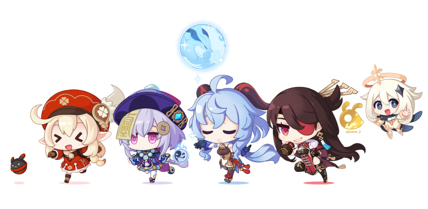 &gt;_&lt; :d absurdly_long_hair ahoge backpack bag bag_charm bangs bead_necklace beads beidou_(genshin_impact) black_bodysuit black_hair black_scarf blue_hair bodysuit boots braid brown_footwear brown_gloves brown_scarf cabbie_hat charm_(object) chibi china_dress chinese_clothes clover_print coat coin_hair_ornament commentary_request detached_sleeves dodoco_(genshin_impact) dress eyebrows_visible_through_hair eyepatch floating full_body ganyu_(genshin_impact) genshin_impact gloves grey_eyes grin hair_between_eyes hair_ornament hairpin hat hat_feather hat_ornament highres horns jewelry jiangshi jumpy_dumpty klee_(genshin_impact) knee_boots kneehighs long_hair long_sleeves low_ponytail low_twintails mechanical_halo necklace ofuda open_mouth orb paimon_(genshin_impact) platinum_blonde_hair pointy_ears purple_hair qing_guanmao qiqi_(genshin_impact) ran_system randoseru red_coat red_eyes red_headwear running scarf seelie_(genshin_impact) sidelocks simple_background single_braid sleepy smile thigh-highs twintails very_long_hair violet_eyes white_background white_legwear wide_sleeves xd yin_yang zettai_ryouiki