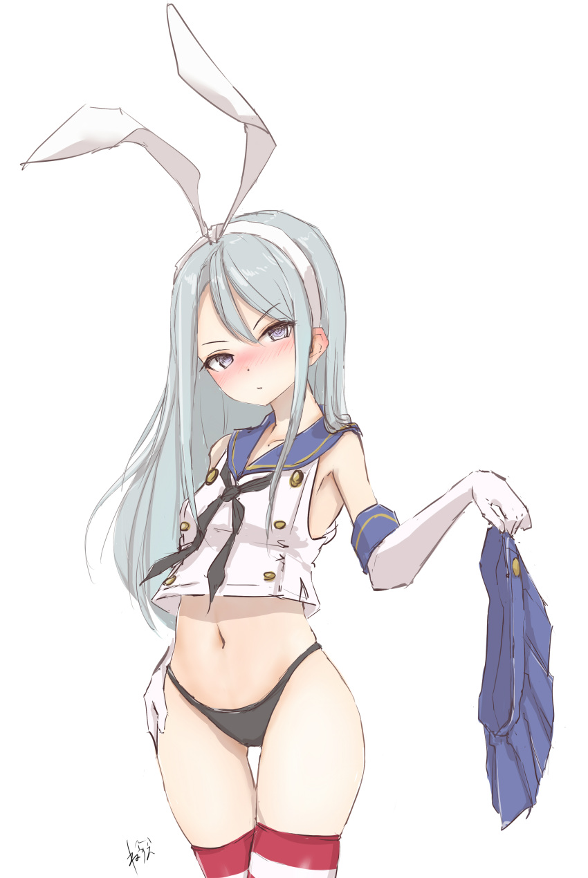 absurdres angry armpits black_panties cosplay elbow_gloves gloves hand_on_hip highres kantai_collection long_hair navel neve panties sagiri_(kancolle) shimakaze_(kancolle) shimakaze_(kancolle)_(cosplay) silver_hair simple_background skirt skirt_removed sleeveless striped striped_legwear thigh-highs underwear violet_eyes