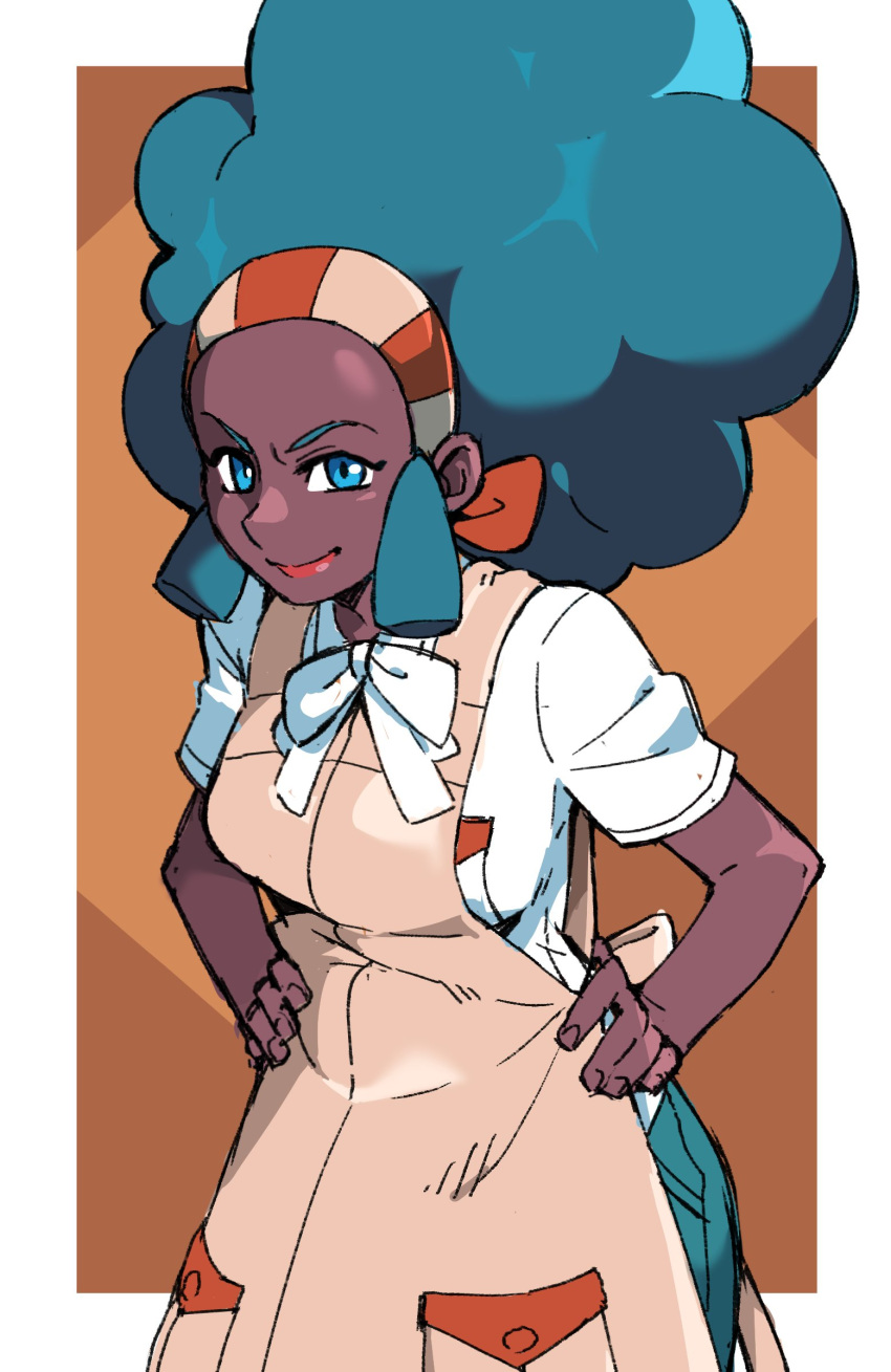 1girl absurdres apron big_hair blue_eyes border bow bowtie breasts brown_apron buttons closed_mouth commentary dark-skinned_female dark_skin green_hair green_pants gym_leader hairband hands_on_hips highres lenora_(pokemon) lipstick long_hair looking_at_viewer makeup outside_border pants pokemon pokemon_(game) pokemon_bw shirt short_sleeves smile solo striped striped_hairband white_border white_neckwear white_shirt woogleboy