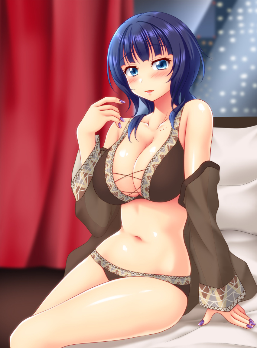 asaka_karin bed bed_sheet bikini blue_eyes blue_hair blush breasts brown_bikini city_lights collarbone curtains eyebrows_visible_through_hair hand_up highres large_breasts looking_at_viewer love_live! love_live!_nijigasaki_high_school_idol_club medium_hair mole mole_on_body nail_polish navel night on_bed pillow purple_nails red_curtains sitting sitting_on_bed swimsuit utomo window