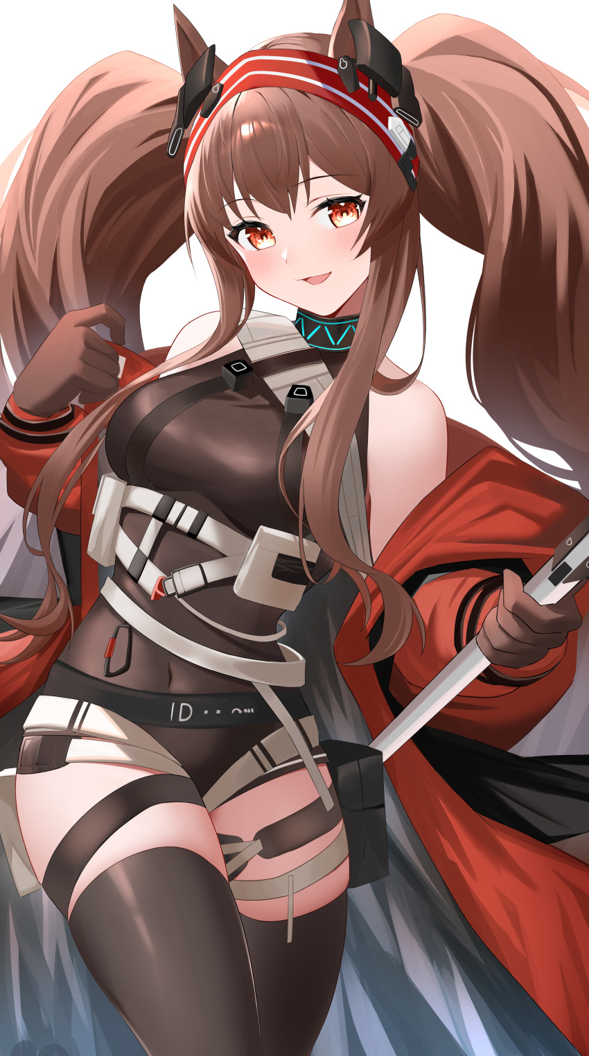 1girl :d absurdres angelina_(arknights) angelina_(distinguished_visitor)_(arknights) animal_ears arknights black_shirt breasts brown_gloves brown_hair cowboy_shot earpiece fox_ears gloves hairband highres holding holding_staff huge_filesize long_hair looking_at_viewer medium_breasts official_alternate_costume open_mouth red_eyes red_hairband ryuya shirt simple_background smile solo staff thigh_strap thighs twintails white_background