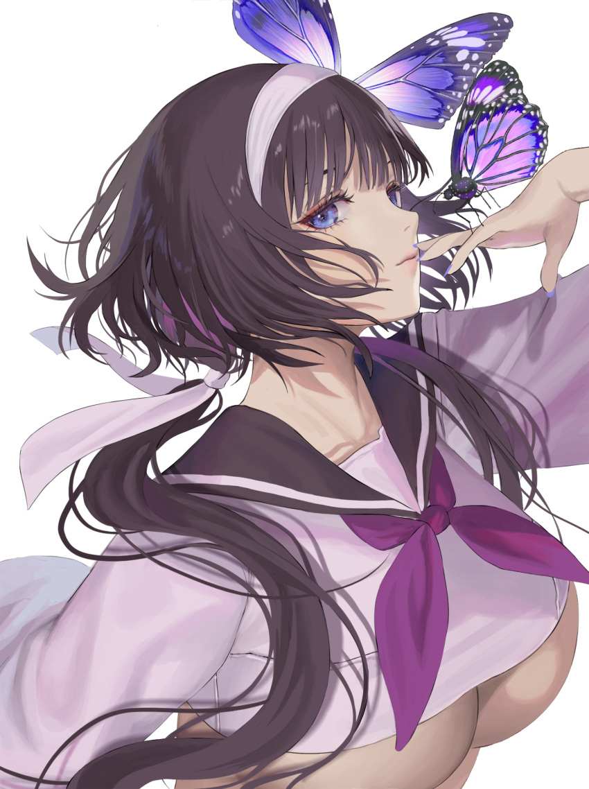 1girl absurdres bangs black_hair black_sailor_collar blue_eyes breasts bug butterfly butterfly_hair_ornament butterfly_on_hand closed_mouth crop_top hair_ornament hairband highres huge_breasts insect lips long_hair looking_at_viewer low_twintails multicolored_hair nail_polish neckerchief original purple_hair purple_nails purple_neckwear sailor_collar school_uniform serafuku simple_background solo tk2hes twintails under_boob upper_body