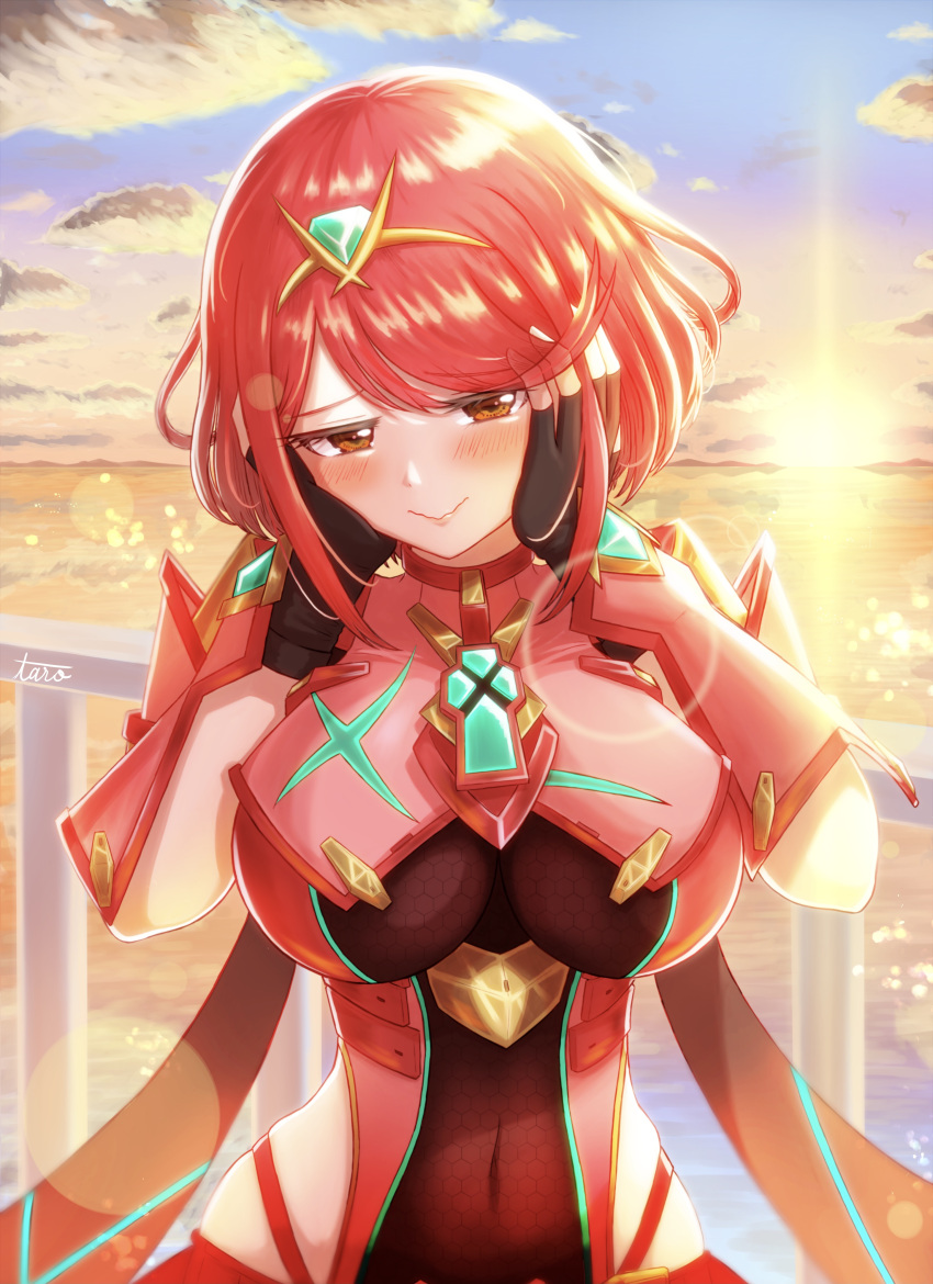 1girl absurdres bangs black_gloves breasts chest_jewel earrings fingerless_gloves gem gloves headpiece highres jewelry large_breasts pyra_(xenoblade) red_eyes redhead short_hair swept_bangs taro_(pixiv34317323) tiara xenoblade_chronicles_(series) xenoblade_chronicles_2