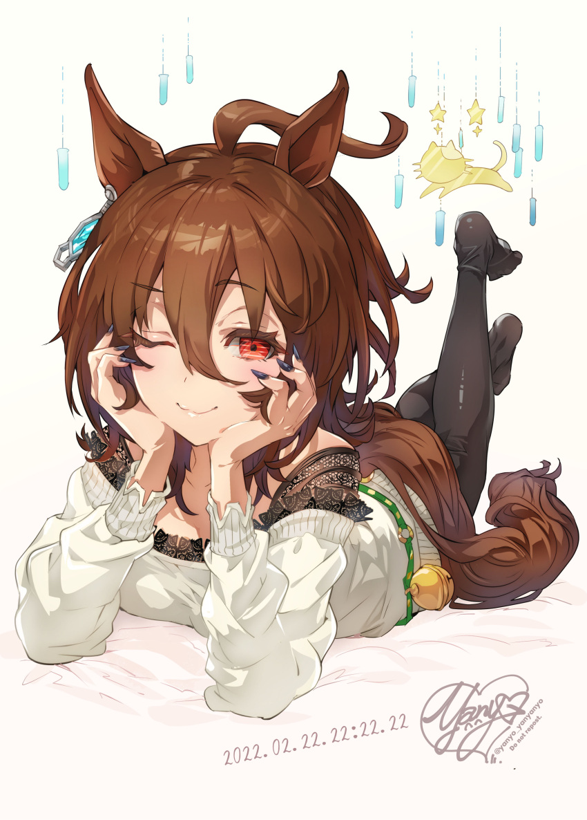 1girl ;) absurdres agnes_tachyon_(umamusume) ahoge animal_ears artist_name bangs bell black_legwear black_nails brown_hair cat_day closed_mouth dress feet_up fingernails hair_between_eyes hands_on_own_cheeks hands_on_own_face highres horse_ears horse_girl horse_tail jingle_bell lace-trimmed_sweater long_fingernails looking_at_viewer lying mobile nail_polish no_shoes off-shoulder_sweater off_shoulder on_stomach one_eye_closed pantyhose red_eyes short_hair signature smile solo sweater sweater_dress tail umamusume white_dress white_sweater wilted_ahoge yanyo_(ogino_atsuki)