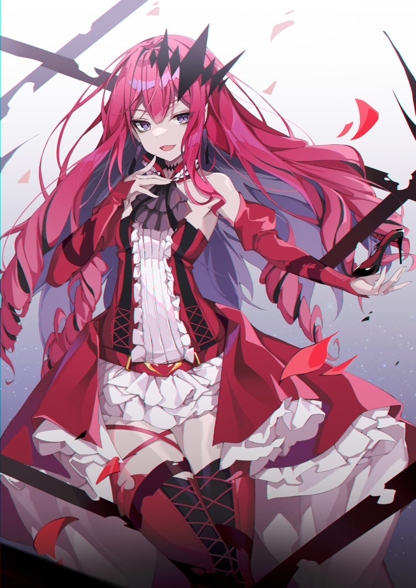 1girl absurdres bangs bare_shoulders boots breasts center_frills circlet detached_collar detached_sleeves dress earrings fangs fate/grand_order fate_(series) frills grey_eyes highres jewelry long_hair looking_at_viewer medium_breasts open_mouth pink_hair pointy_ears red_dress red_footwear sidelocks smile solo thigh-highs thigh_boots thighs tristan_(fairy_knight)_(fate) verslll