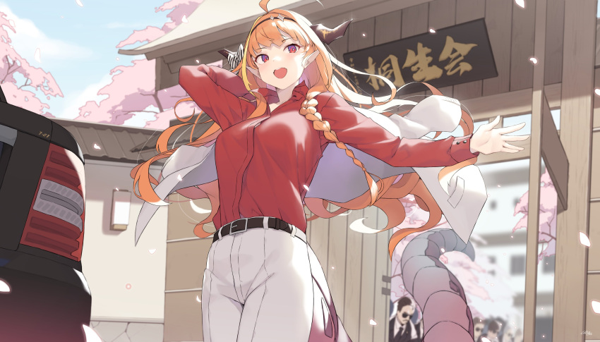 1girl 6+boys absurdres belt black_belt black_hairband braid cherry_blossoms cloba commentary_request dragon_girl dragon_horns dragon_tail hairband highres hololive horns kiryu_coco long_hair long_sleeves multiple_boys open_mouth orange_hair outdoors pants petals pointy_ears red_eyes red_shirt shirt single_braid solo_focus tail white_pants