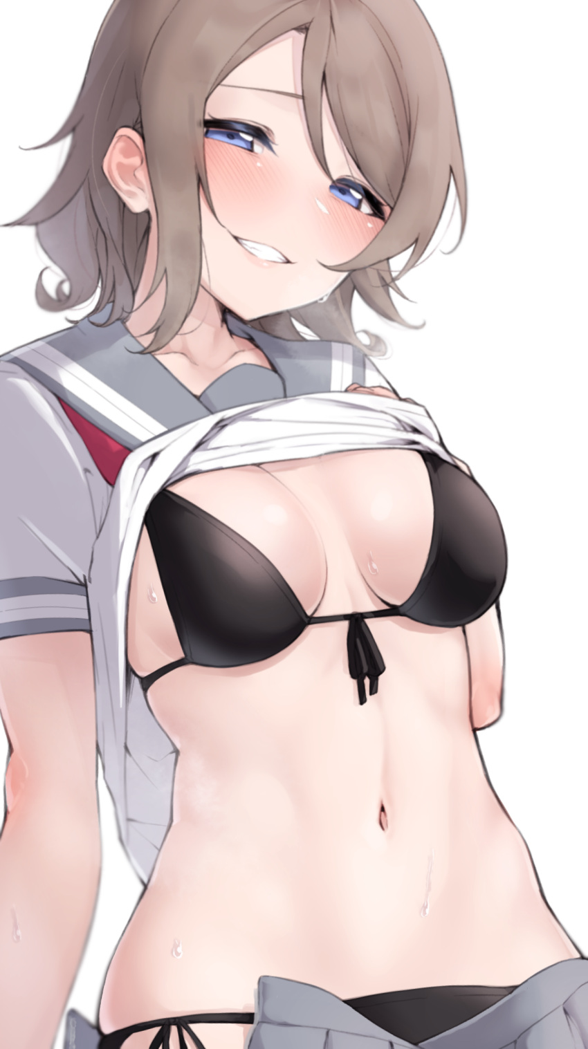 1girl arm_at_side bangs bikini bikini_under_clothes black_bikini blue_eyes blurry blush breasts breasts_apart brown_hair clothes_lift collarbone commentary_request depth_of_field front-tie_bikini front-tie_top grey_sailor_collar grey_skirt grin half-closed_eyes hand_on_own_chest hand_up head_tilt heavy_breathing highres lifted_by_self looking_at_viewer love_live! love_live!_sunshine!! medium_breasts nasuno_(nasuno42) navel open_clothes open_skirt pleated_skirt sailor_collar school_uniform serafuku shirt shirt_lift short_hair short_sleeves side-tie_bikini simple_background skindentation skirt smile solo steaming_body stomach string_bikini sweat swept_bangs swimsuit upper_body uranohoshi_school_uniform watanabe_you white_background white_shirt