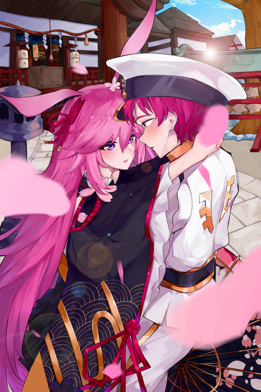 1boy 1girl absurdres animal_ears architecture bangs blue_sky blush captain_(honkai_impact) clouds cloudy_sky east_asian_architecture flower fox_ears guaili_shu hair_between_eyes hair_flower hair_ornament highres honkai_(series) honkai_impact_3rd huge_filesize japanese_clothes kimono long_hair looking_at_another military military_uniform open_mouth outdoors petals pink_hair red_eyes sky temple uniform violet_eyes yae_sakura