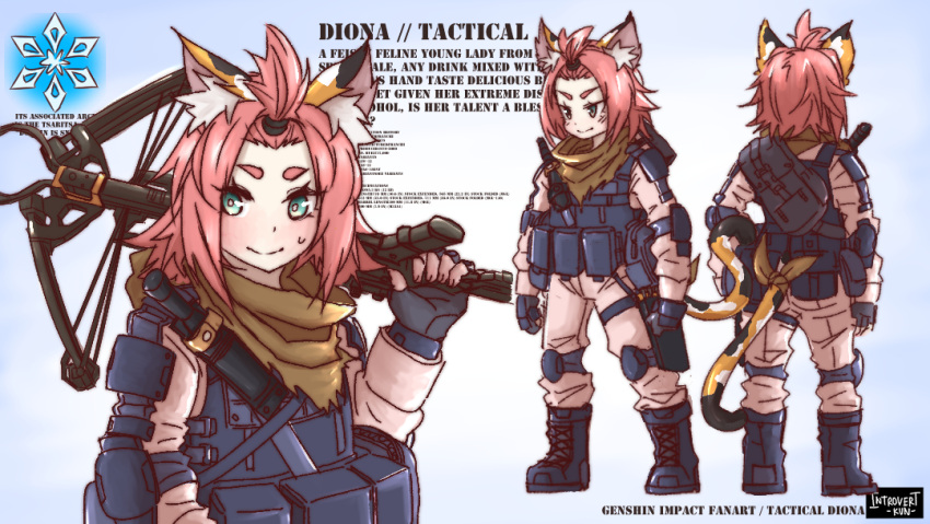 1girl 3: alternate_costume animal_ears artist_name bangs bangs_pinned_back black_footwear black_gloves boots bow_(weapon) bowgun brown_scarf cat_ears cat_girl cat_tail character_name character_sheet chibi clothing_cutout combat_boots commentary compound_bow copyright_name diona_(genshin_impact) english_commentary fingerless_gloves from_behind full_body genshin_impact gloves green_eyes introvert-kun knee_guards long_sleeves looking_at_viewer over_shoulder pink_hair pink_jumpsuit ribbon scarf short_hair sidelocks solo sweat tactical_clothes tail tail_cutout tail_ornament tail_ribbon thick_eyebrows weapon weapon_over_shoulder