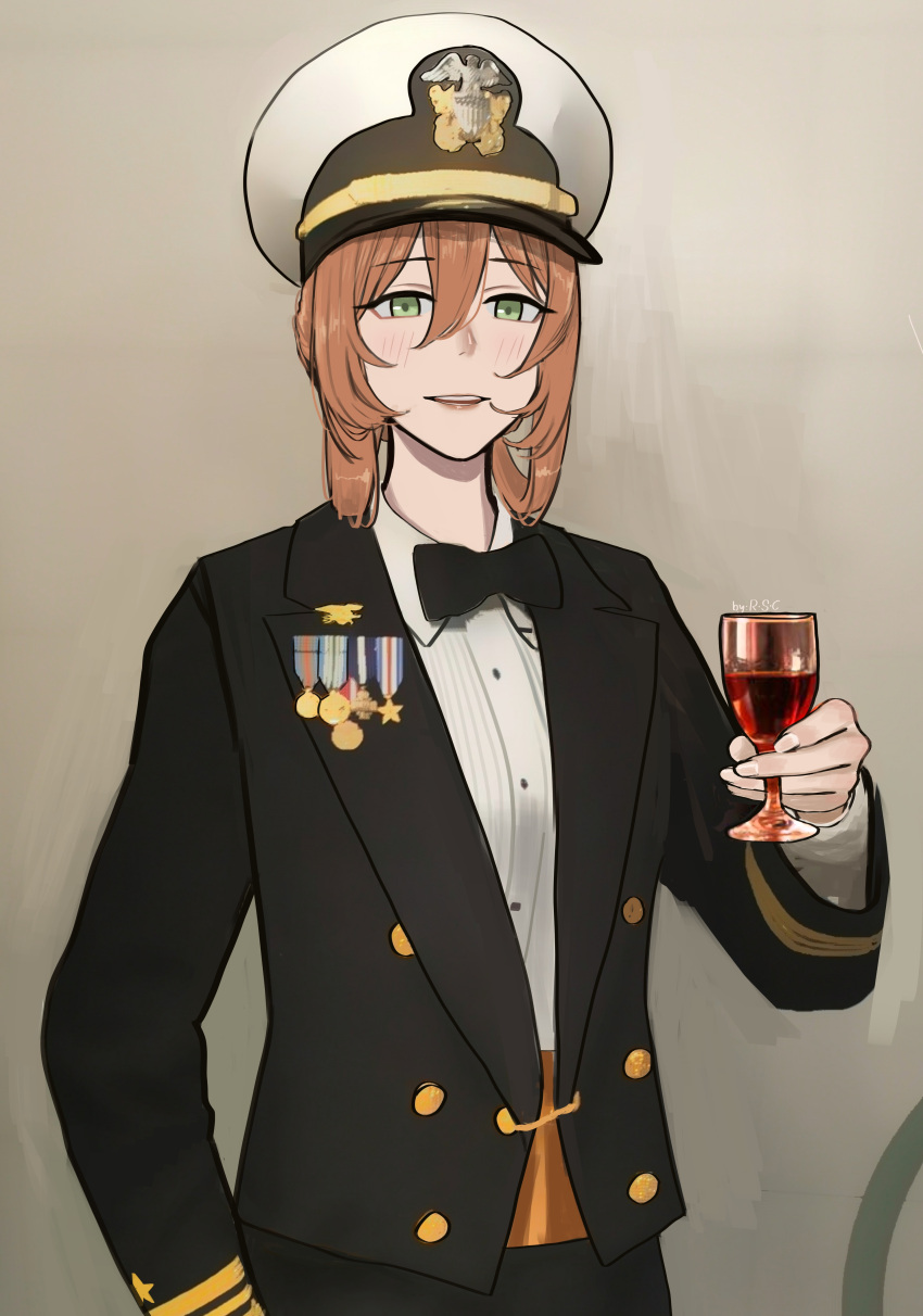 1girl absurdres artist_name bangs black_bow black_bowtie black_jacket blush bow bowtie cup drinking_glass eyebrows_visible_through_hair feet_out_of_frame girls_frontline glass green_eyes hair_between_eyes hat highres holding holding_cup jacket lips long_hair looking_at_viewer military military_hat military_uniform open_mouth orange_hair rsc shirt simple_background smile solo springfield_(girls'_frontline) standing teeth uniform upper_teeth white_shirt wine_glass