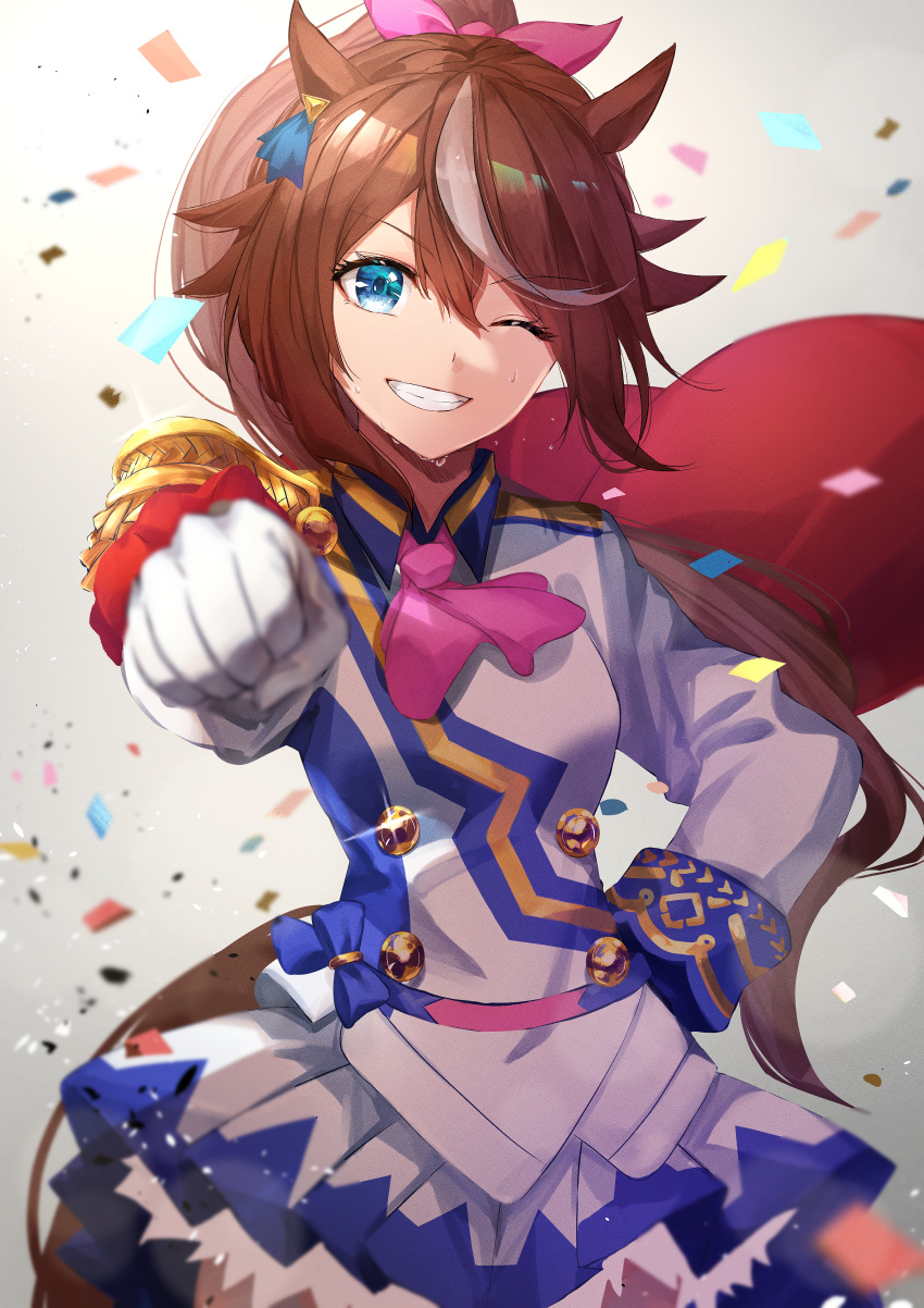1girl absurdres animal_ears ascot blue_eyes blue_jacket blue_skirt brown_hair buttons cape clenched_hand confetti contrapposto cowboy_shot double-breasted ear_piercing epaulettes eyebrows_visible_through_hair fist_bump gloves grin hair_flaps hand_on_hip herigaru_(fvgyvr000) high_ponytail highres horse_ears horse_girl horse_tail huge_filesize jacket long_hair long_sleeves miniskirt multicolored_hair one_eye_closed piercing pink_neckwear pleated_skirt red_cape single_epaulette skirt smile solo streaked_hair sweat tail tokai_teio_(umamusume) two-tone_hair two-tone_jacket two-tone_skirt umamusume white_gloves white_hair white_jacket white_skirt