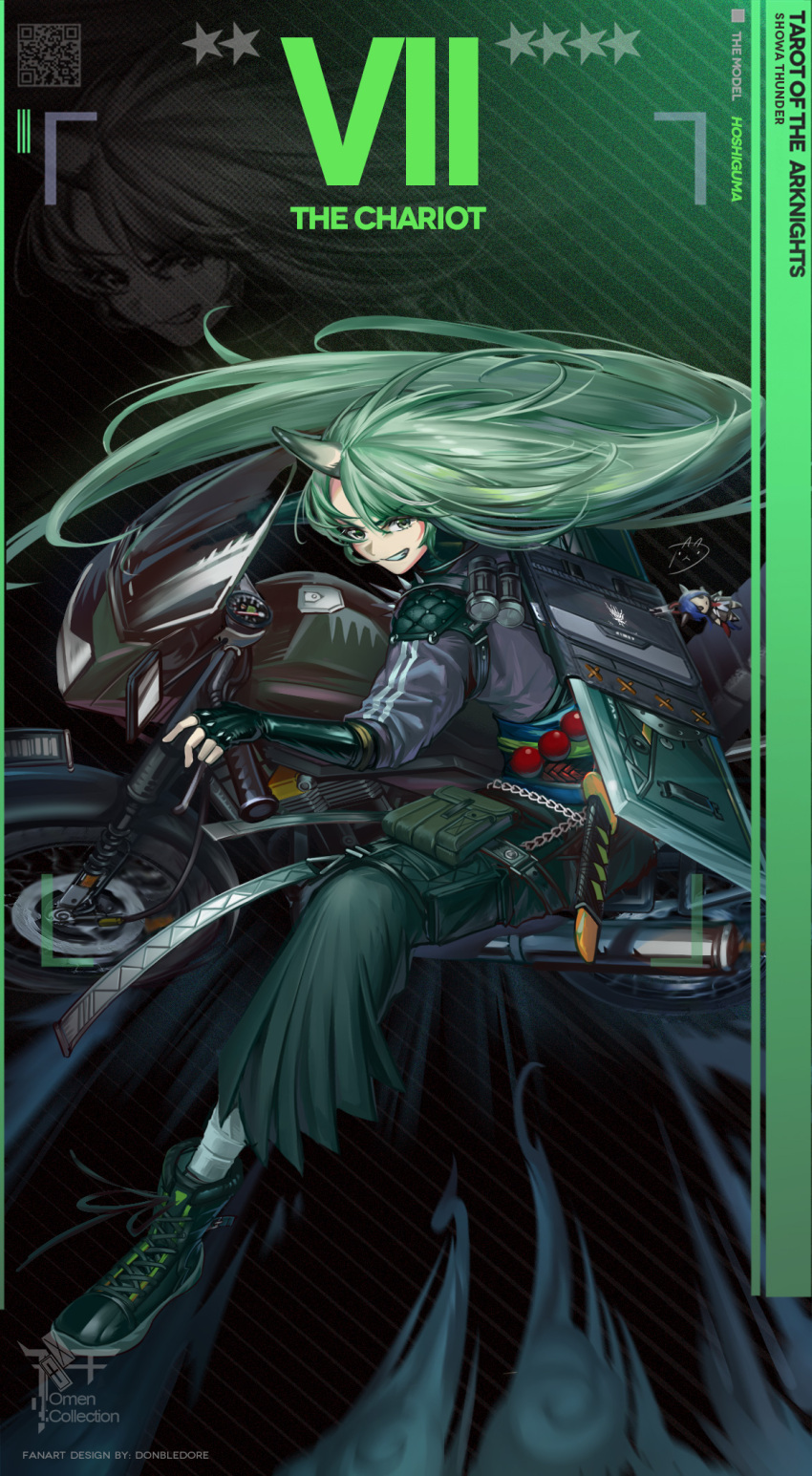 1girl arknights artist_name bag baijiin_poison black_background black_footwear black_gloves boots ch'en_(arknights) chain character_doll character_name commentary_request copyright_name elbow_gloves english_text fingerless_gloves from_side gloves green_eyes green_hair grin ground_vehicle highres horns hoshiguma_(arknights) katana long_hair looking_at_viewer motor_vehicle motorcycle oni_horns pants partial_commentary qr_code riding shield shoulder_bag shoulder_spikes single_horn smile smoke solo spikes star_(symbol) striped striped_background sword tarot teeth the_chariot_(tarot) thigh_pouch weapon weapon_on_back zoom_layer