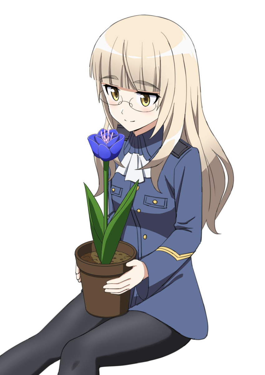 1girl black_legwear blonde_hair blush closed_mouth glasses highres kanata_mako long_hair military military_uniform neckerchief pantyhose perrine_h._clostermann plant potted_plant shiny shiny_hair simple_background sitting smile solo strike_witches uniform white_background white_neckwear world_witches_series yellow_eyes