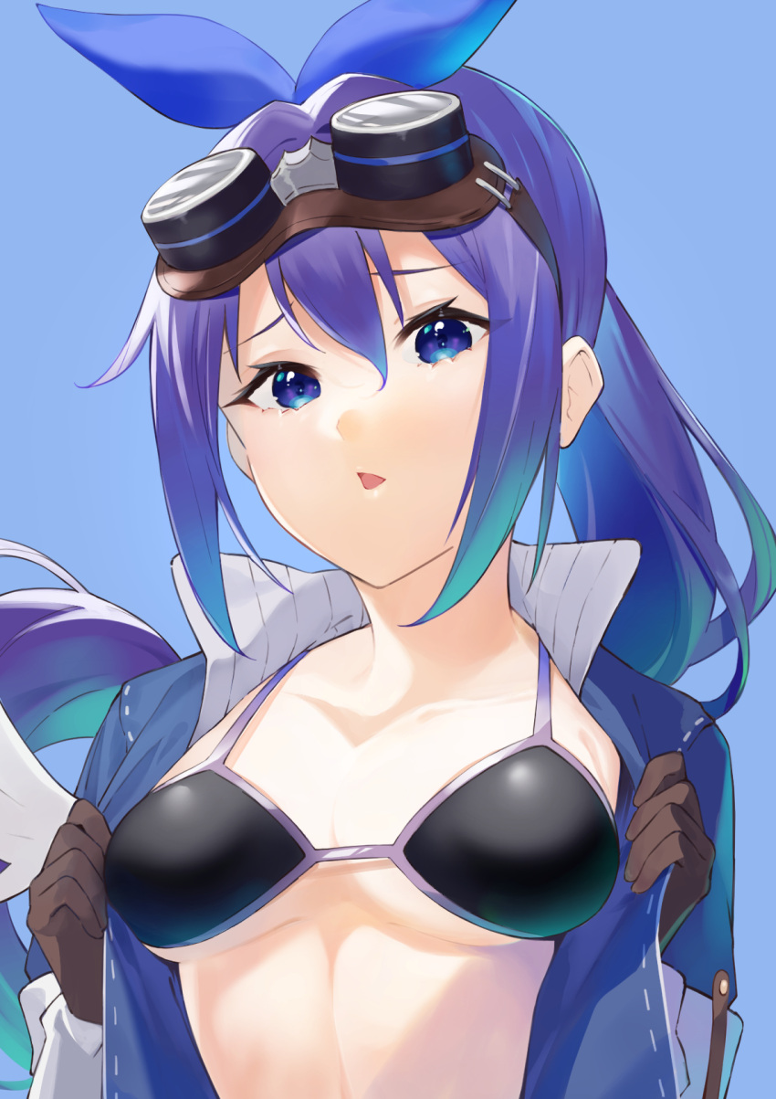 1girl black_bra blue_eyes blue_hair bra breasts eyebrows_visible_through_hair gloves hair_between_eyes hair_ornament highres large_breasts mifuyu_(princess_connect!) open_mouth ponytail princess_connect! shimon_(31426784) simple_background underwear