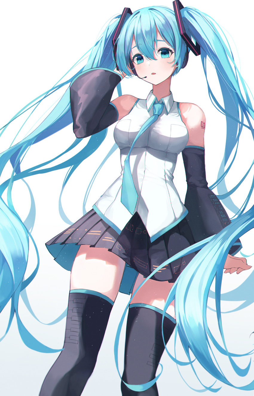 1girl absurdres bare_shoulders black_legwear black_skirt blue_eyes blue_hair breasts collared_shirt detached_sleeves hair_ornament hand_up hatsune_miku headphones highres long_hair long_sleeves looking_at_viewer medium_breasts mela_(rbw1s) miniskirt necktie parted_lips pleated_skirt shirt shoulder_tattoo simple_background skirt sleeveless sleeveless_shirt solo standing tattoo thigh-highs twintails very_long_hair vocaloid white_background white_shirt zettai_ryouiki