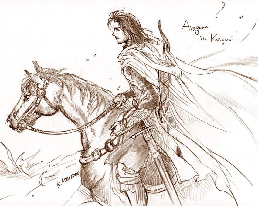 1boy aragorn beard brown_theme cape character_name facial_hair from_side holding holding_reins horse horseback_riding kazuki-mendou legendarium male_focus medium_hair monochrome reins riding shield signature simple_background solo sword the_lord_of_the_rings weapon white_background