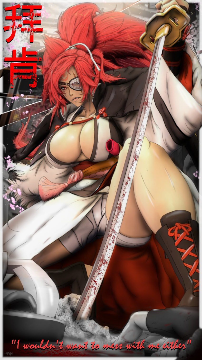 1girl absurdres baiken breasts gloves guilty_gear guilty_gear_strive guilty_gear_xrd highres large_breasts long_hair looking_at_viewer pink_hair red_eyes redhead skymedicpro solo solo_focus very_long_hair