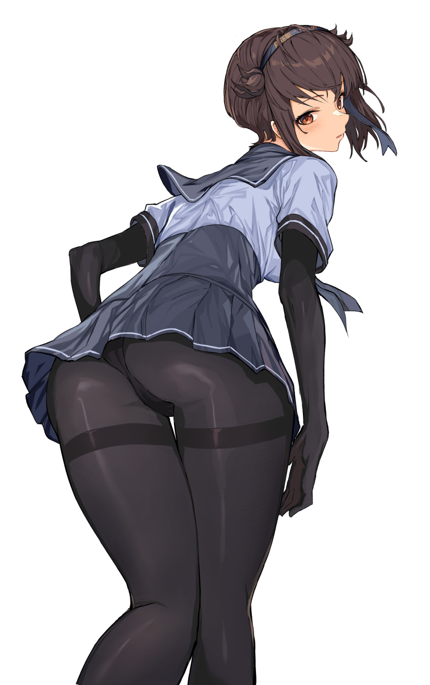 1girl ass black_bodysuit black_headband black_legwear black_neckwear black_sailor_collar black_skirt bodysuit brown_hair clothes_writing feet_out_of_frame from_behind hachimaki hair_flaps hatsuzuki_(kancolle) headband highres kantai_collection leaning_forward looking_at_viewer looking_back neckerchief oweee pantyhose pleated_skirt red_eyes sailor_collar short_hair simple_background skirt solo thighband_pantyhose white_background