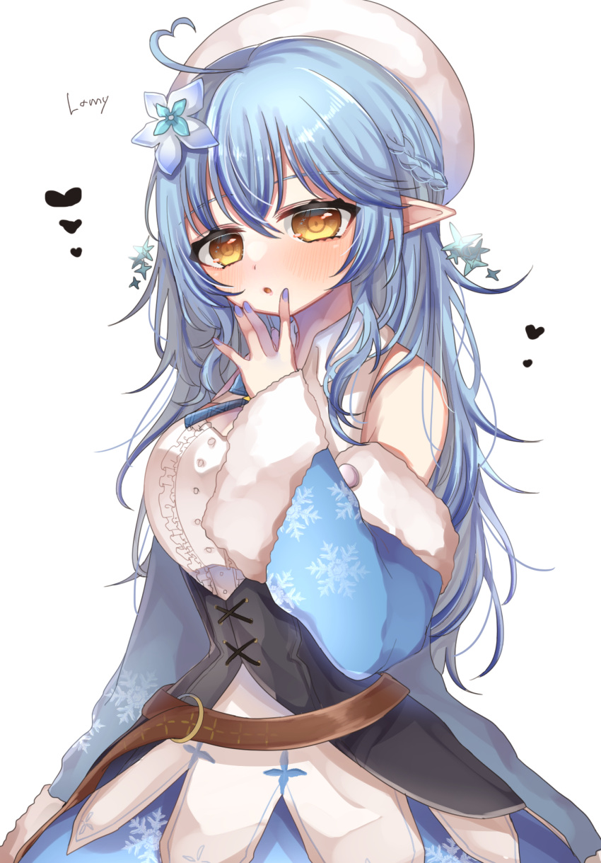 1girl :o ahoge bangs belt beret black_corset blue_flower blue_hair blue_jacket blue_skirt breasts brown_belt character_name corset eyebrows_visible_through_hair flower fur_trim hair_flower hair_ornament hat heart heart_hair highres hololive jacket large_breasts off_shoulder open_mouth richi skirt solo virtual_youtuber w white_background yellow_eyes yukihana_lamy
