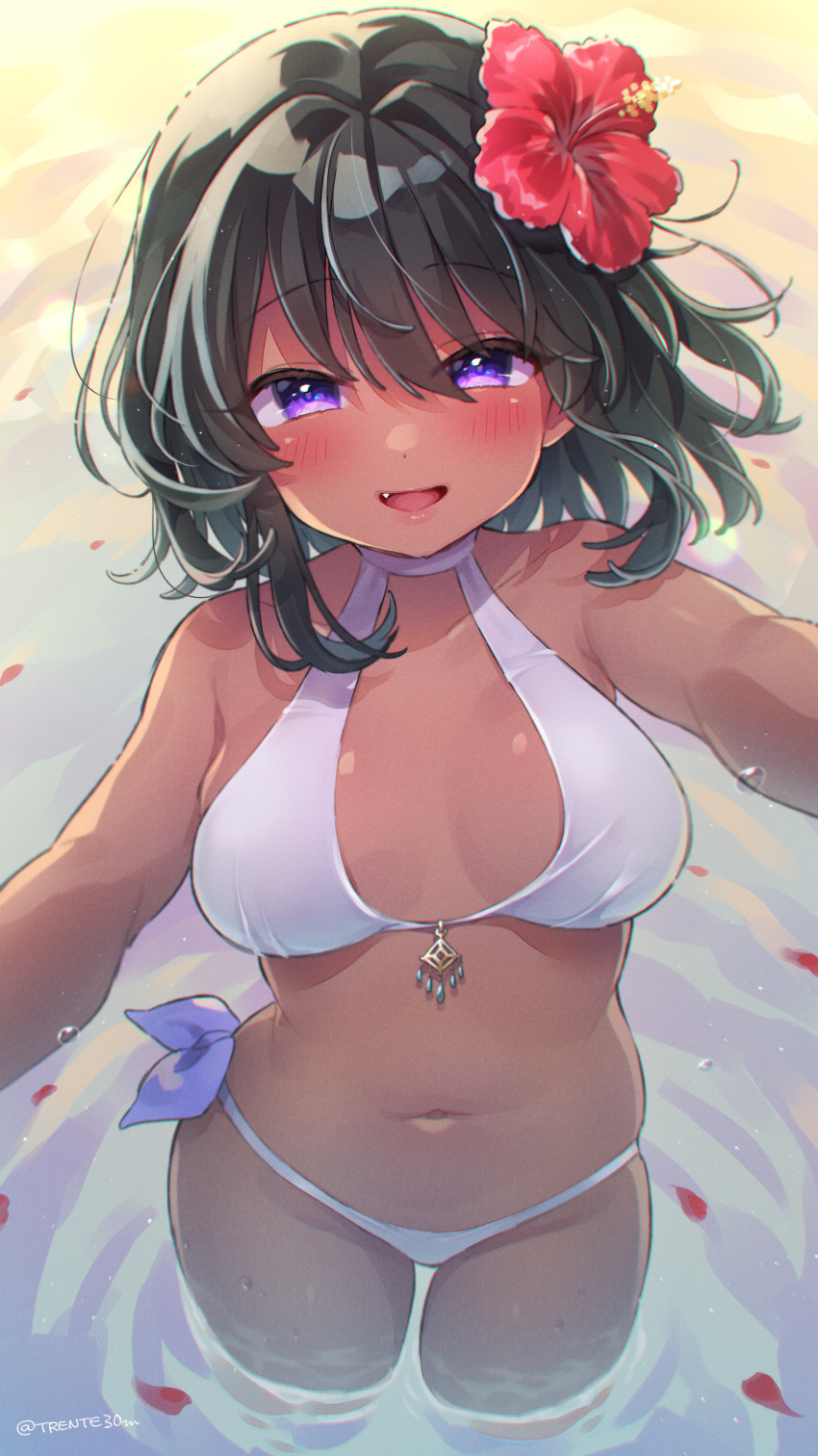 1girl :d absurdres bare_arms bare_shoulders bikini black_hair breasts dark_skin fang flower hair_flower hair_ornament halter_top halterneck hibiscus highres idolmaster idolmaster_cinderella_girls looking_at_viewer medium_breasts medium_hair natalia_(idolmaster) navel open_mouth outstretched_arms red_flower ripples side-tie_bikini smile solo standing stomach swimsuit thighs trente violet_eyes wading water white_bikini