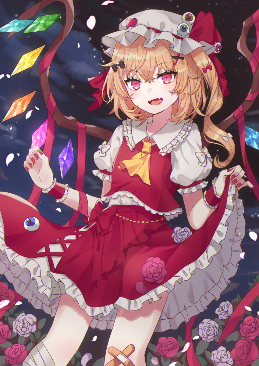 1girl :d ascot bandaged_leg bandages bandaid bandaid_on_knee bangs black_bow blonde_hair bow clothes_lift clouds cloudy_sky crossed_bandaids crystal dutch_angle eyeball eyebrows_visible_through_hair eyes fangs flandre_scarlet flat_chest flower frilled_shirt_collar frills from_below hair_bow hair_ornament hat hat_bow highres lifted_by_self light_blush looking_at_viewer medium_hair mob_cap nail_polish night night_sky nokoki_(motioko5) one_side_up open_mouth petals petticoat puffy_short_sleeves puffy_sleeves red_bow red_eyes red_flower red_nails red_ribbon red_rose red_skirt red_vest ribbon rose short_sleeves skirt skirt_lift sky smile solo sparkle standing touhou vest white_bow white_flower white_headwear white_rose wings wrist_cuffs x_hair_ornament yellow_neckwear