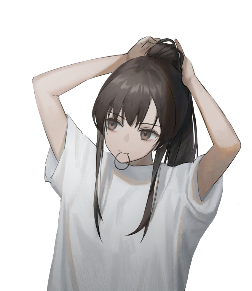 1girl bare_arms brown_eyes brown_hair commentary hair_tie_in_mouth hands_up highres long_hair looking_away mouth_hold original ponytail shirt short_sleeves simple_background solo subfiction t-shirt tying_hair upper_body white_background white_shirt